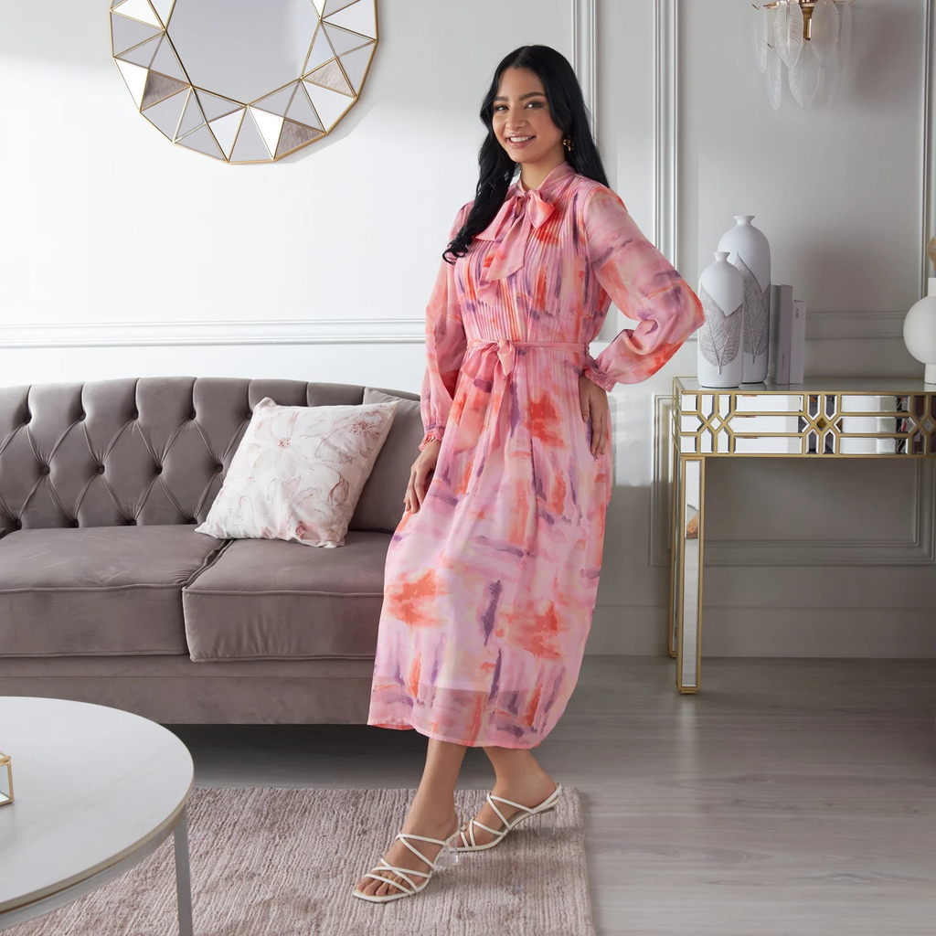Robe imprimée en lin mélangé à col mandarin