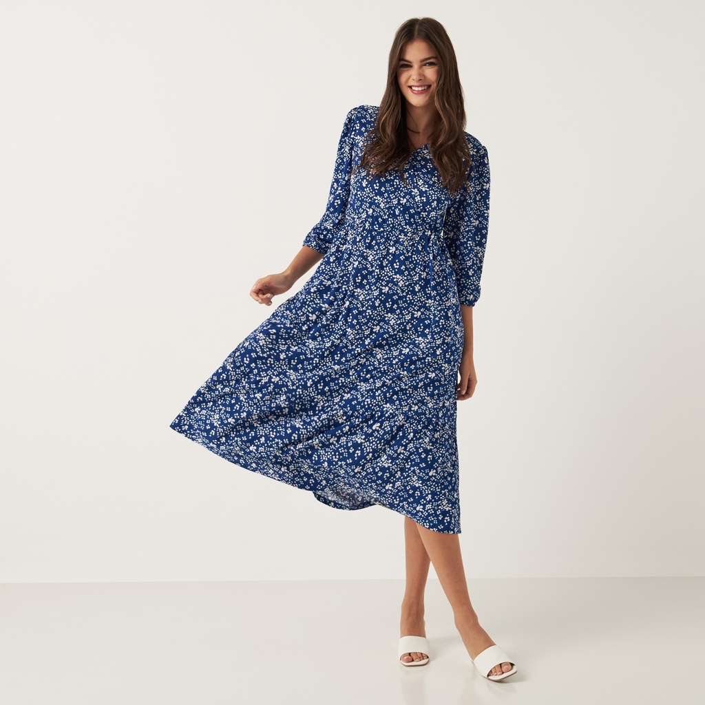 Robe midi à col en V et manches bouffantes